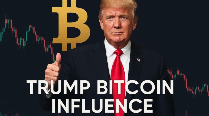 Trump Bitcoin Influence featured image showing Donald Trump with Bitcoin symbol and financial chart background