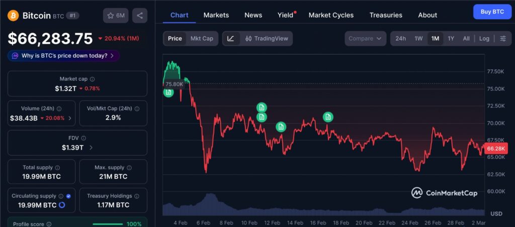 Bitcoin $67K Rebound shown on 1 month BTC price chart from CoinMarketCap highlighting recent volatility and recovery above 67000