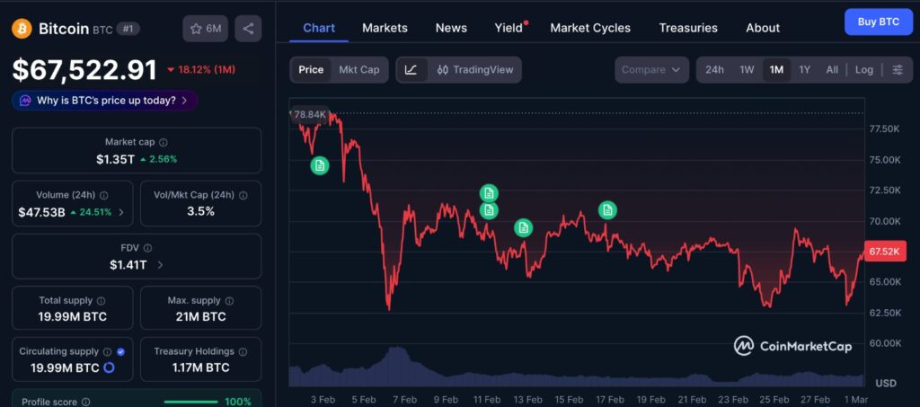 Bitcoin Bottom Signal reflected in BTC 1 month price chart showing consolidation and recent volatility on CoinMarketCap