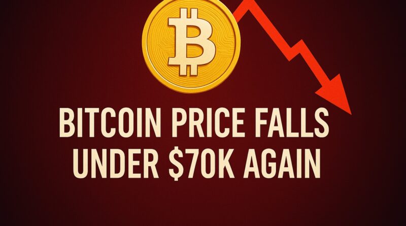 Bitcoin Price falls under $70K again with red arrow and Bitcoin logo