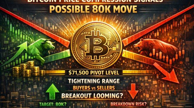 Bitcoin Price Compression signals breakout potential near 71,500 pivot level with bullish and bearish tension