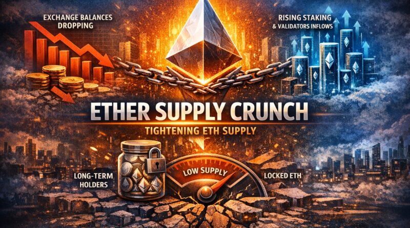 Ether Supply Crunch visual showing ETH liquidity tightening through staking, exchange outflows, and validator inflows