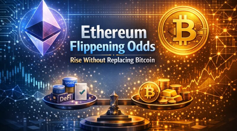 Ethereum Flippening Odds visual showing balanced scale between Ethereum usage and Bitcoin monetary dominance