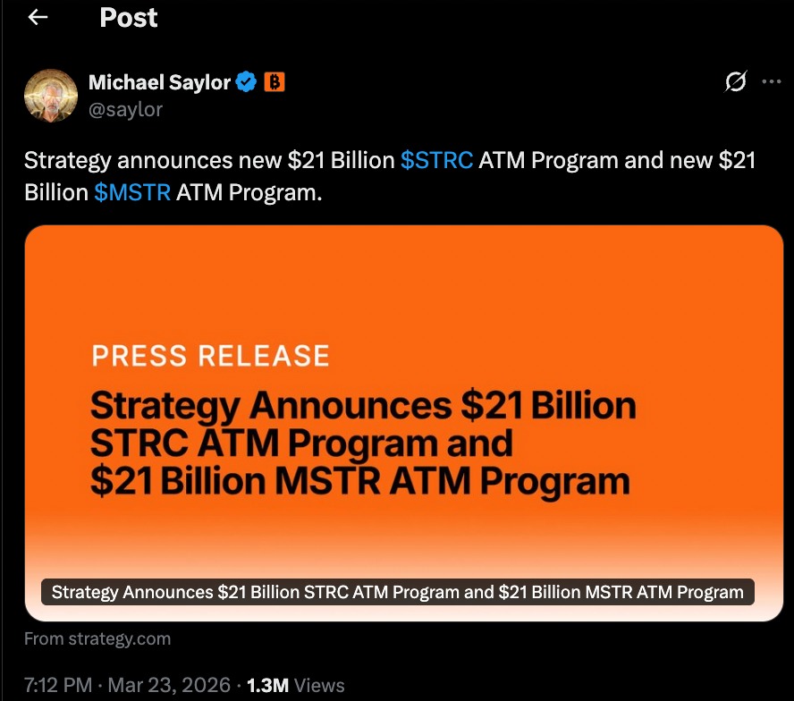 Bitcoin Funding Plan announcement showing $21B STRC and $21B MSTR ATM programs by Strategy to fund Bitcoin purchases