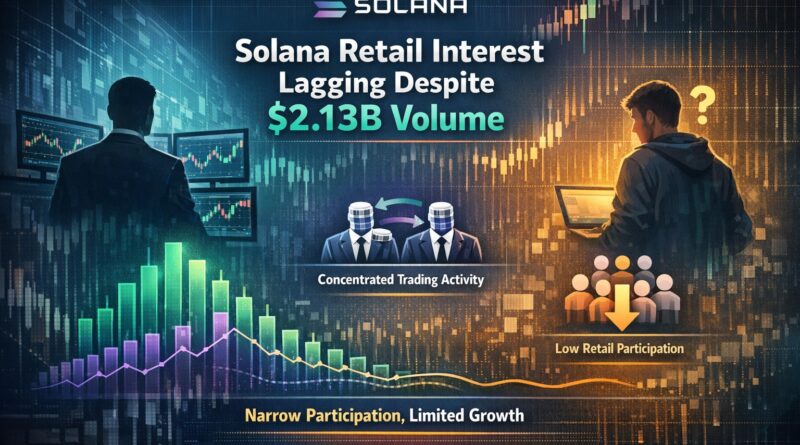Solana Retail Interest infographic showing $2.13B volume with low retail participation and concentrated trading activity