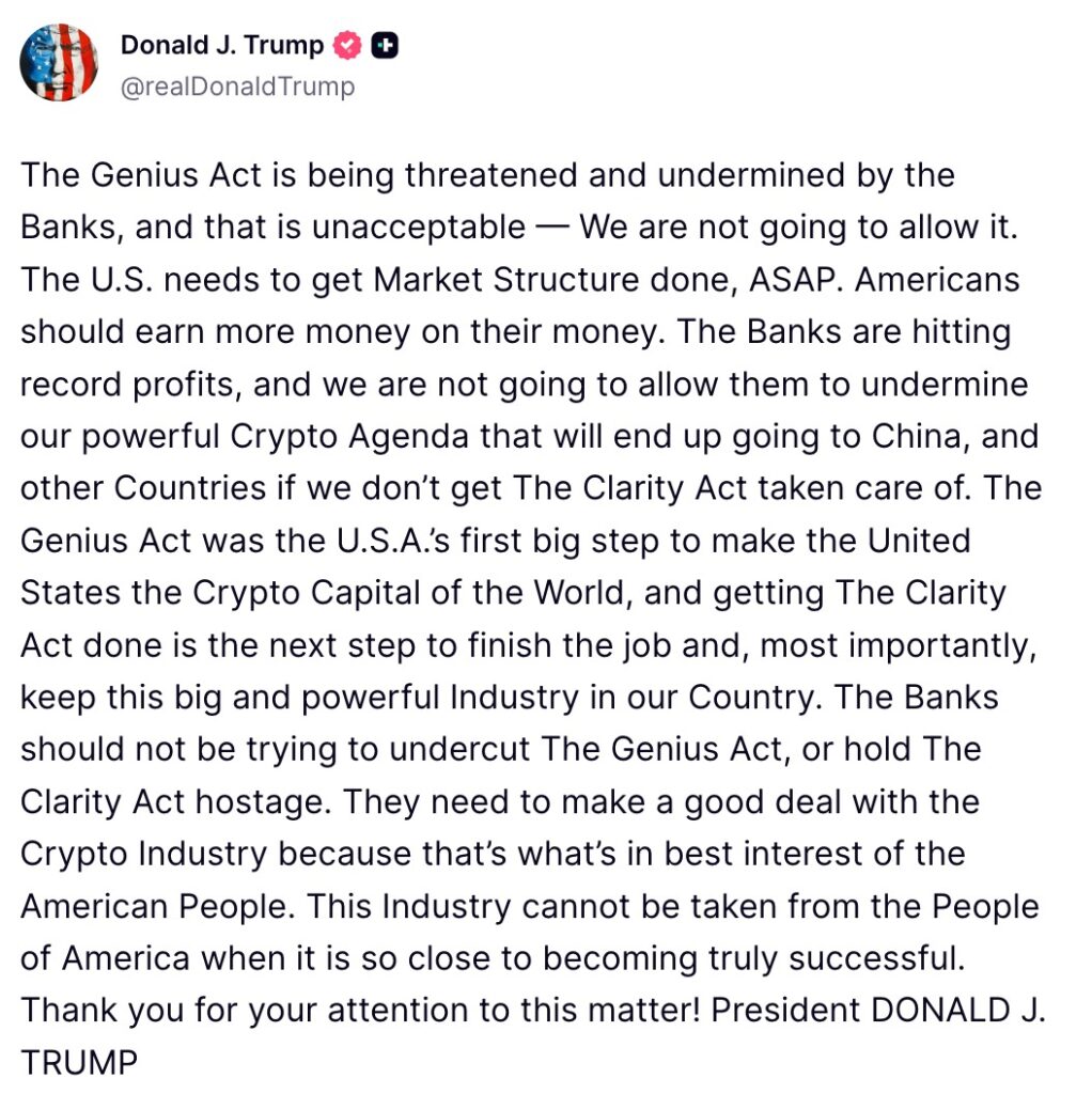 Crypto Market Structure debate as Donald Trump criticizes banks in Truth Social post over stalled crypto bill and stablecoin yield payments