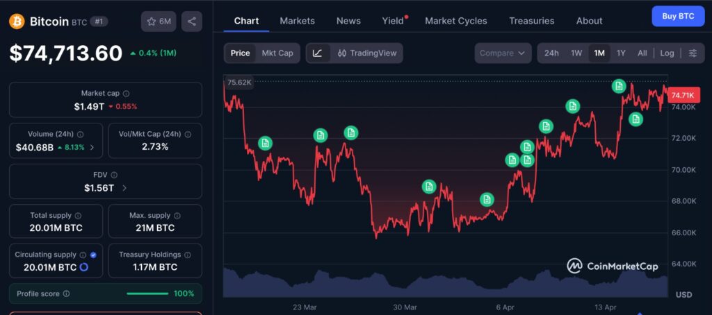 Bitcoin bull run showing BTC price stability and limited demand on 1 month CMC chart