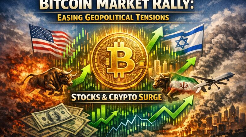 Bitcoin Market Rally visual showing easing geopolitical tensions with U.S., Israel, and Iran flags, golden Bitcoin symbol, and upward market charts in the background