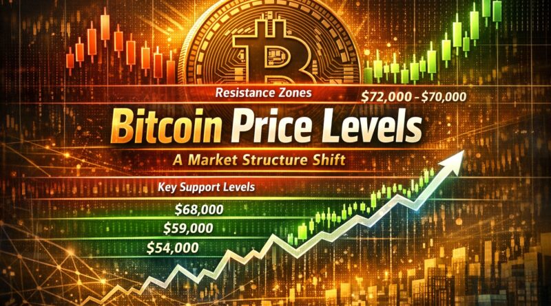 Bitcoin Price Levels featured image showing central Bitcoin coin, resistance and support zones, and upward chart movement symbolizing market structure shift