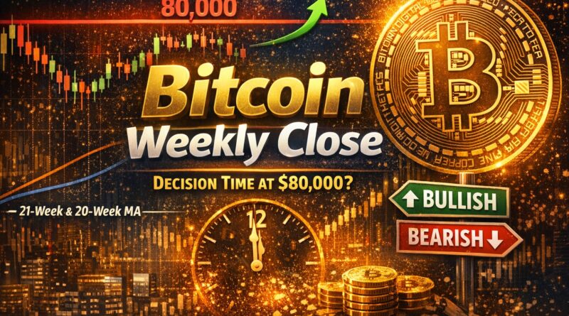 Bitcoin Weekly Close feature image showing Bitcoin price testing $80K resistance with candlestick chart, golden coin, and bullish‑bearish signals