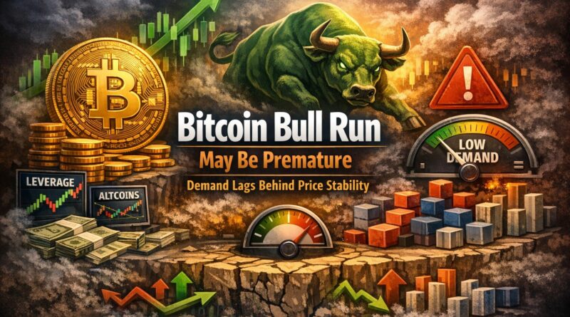 Bitcoin bull run featured image showing price stability, limited demand, and leveraged market exposure with a charging bull and Bitcoin coin at center