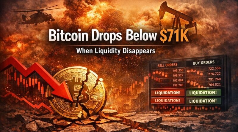 Bitcoin price drop below $71K showing liquidity disappearing and market volatility with cracked Bitcoin coin and downward red arrow