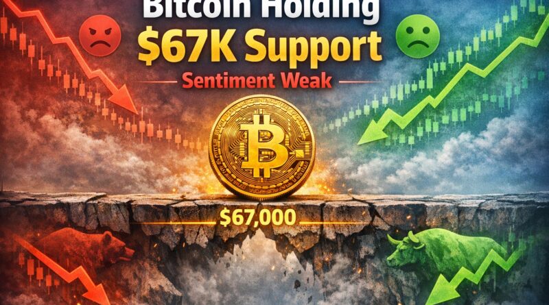 Bitcoin sentiment divergence showing fragile $67K support as traders remain cautious and market sentiment weak