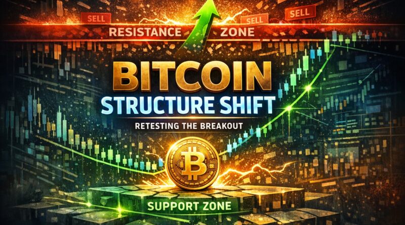 Bitcoin support resistance illustrated with breakout retest and structural shift showing price interaction between support and resistance zones