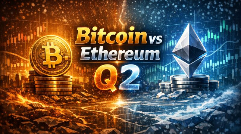 Bitcoin undervalued featured image showing Bitcoin and Ethereum symbols with contrasting market tones, representing Q2 divergence and capital rotation.