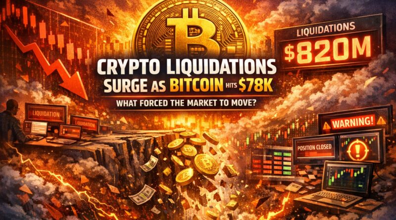 Crypto Liquidations surge as Bitcoin hits $78K, illustrating a massive $820M leveraged unwind and cascading market pressure with traders reacting to forced selling.