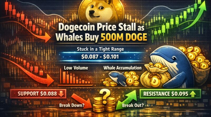 Dogecoin Price Stall as whales buy 500M DOGE, showing sideways trading range between $0.087 and $0.101 with support and resistance levels highlighted in a crypto market graphic.