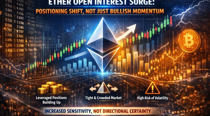 Ether Open Interest Surge featured image showing Ethereum logo, rising candlestick chart, and key points about leveraged positioning and market sensitivity.