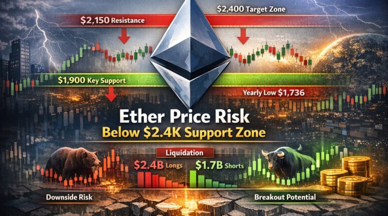Ether Price Risk below $2.4K support zone showing Ethereum logo, resistance and support levels, and market liquidity imbalance visualized on a candlestick chart.