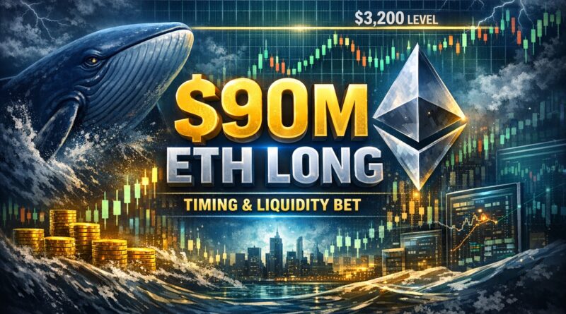 Ethereum whale long position visual showing a $90M leveraged bet on ETH, centered text highlighting timing and liquidity structure with whale, Ethereum logo, and $3,200 level chart backdrop.