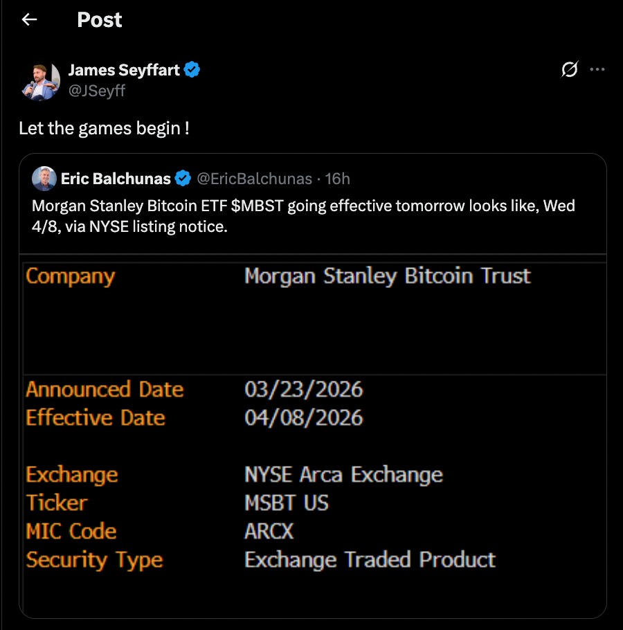 Bitcoin ETF debut tweet showing Morgan Stanley MSBT listing confirmation on NYSE Arca with April 8 effective date