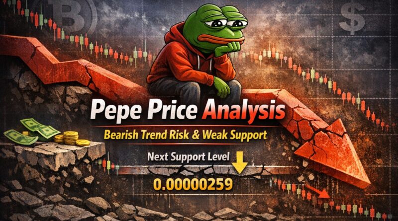 Pepe Price Analysis featured image showing bearish trend risk and weak support with Pepe the Frog sitting on a descending red arrow amid a falling price chart.