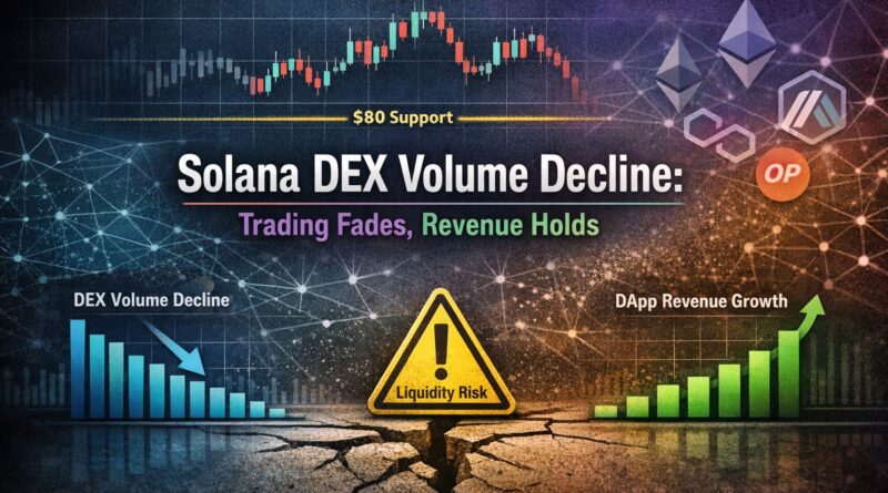 Solana DEX Volume featured image showing declining trading activity, $80 support level, and contrasting DApp revenue growth with central text and balanced composition