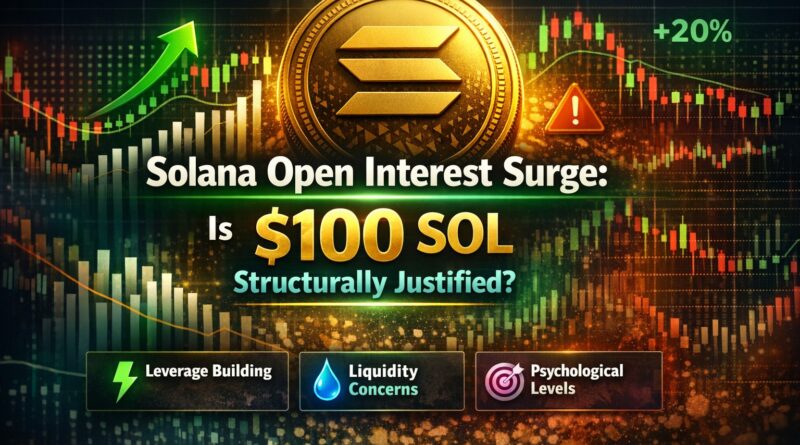 Solana Open Interest surge signals a structural shift toward leveraged positioning, highlighting the $100 SOL debate with centered visuals of the Solana logo, charts, and market indicators.