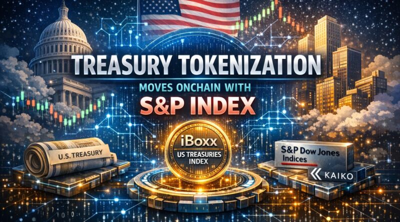 Treasury Tokenization visual showing S&P index integration on blockchain with U.S. Treasury bonds and digital network background
