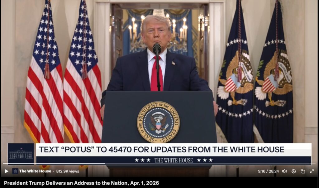 Trump Iran Address showing Donald Trump delivering a White House speech on the Iran conflict and military strategy