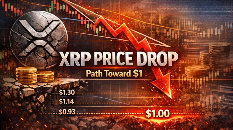 XRP Price Drop featured image showing downward red arrow, cracked XRP logo, and price levels signaling potential move toward $1
