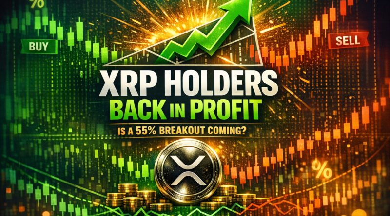XRP holders profit surge as breakout setup forms, showing a central XRP coin with upward green arrows and candlestick charts illustrating market strength and reduced selling pressure.