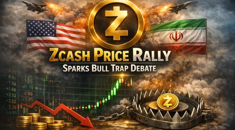 Zcash Price Rally sparks bull trap debate amid geopolitical ceasefire news, showing Zcash logo, market chart, and flags of the US and Iran.