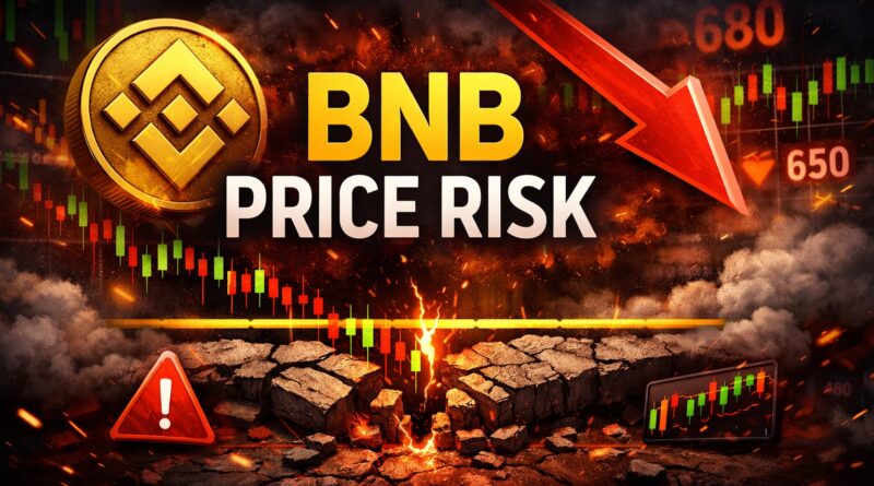 BNB price risk illustration showing Binance Coin logo, red downward arrow, and cracked support line near $648, symbolizing rejection at $680 and fragile market sentiment.