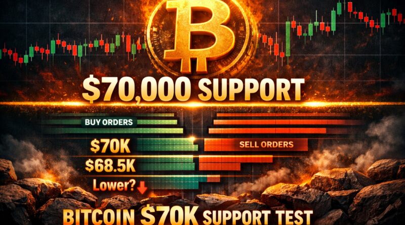 Bitcoin $70K support visual showing a glowing Bitcoin symbol above a fiery $70,000 line with stacked buy and sell orders, representing the real‑time order book test and liquidity pressure.