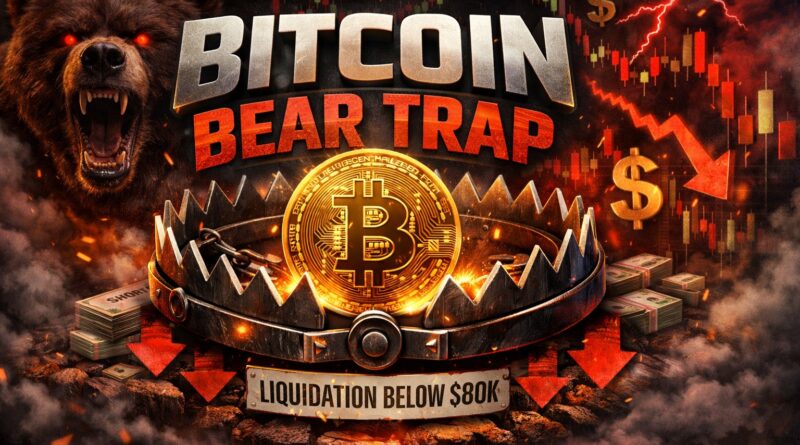 Bitcoin Bear Trap illustration showing a golden Bitcoin caught in a steel bear trap with red candlestick charts and bearish signals below $80K, symbolizing short crowd risk and potential reversal.