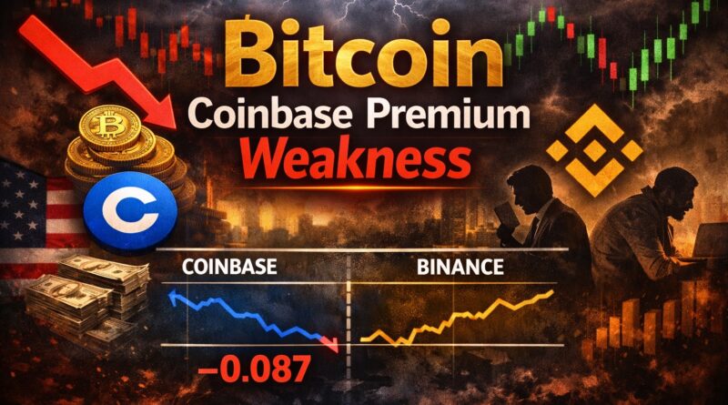 Bitcoin Coinbase premium weakness illustration showing falling red arrow, Coinbase and Binance logos, and traders analyzing US spot demand cooling after profit‑taking phase.