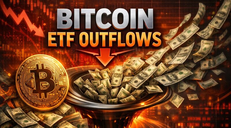 Bitcoin ETF outflows visual showing a golden Bitcoin coin beside a vortex of dollar bills and red downward arrows, symbolizing record ETF redemptions and market exhaustion.
