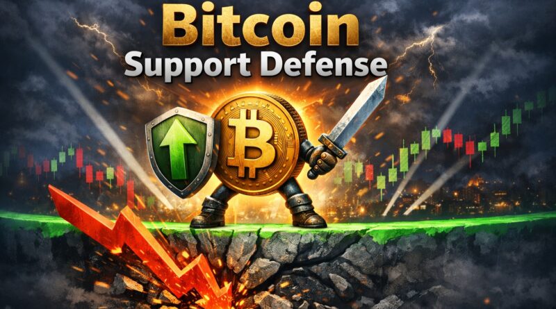 Bitcoin Long Exposure illustration showing a Bitcoin warrior defending the $76K support zone with shield and sword, symbolizing cautious bullish positioning amid ETF outflows and macro uncertainty.