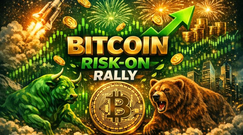 Bitcoin Risk-On Rally showing BTC price surge, bullish momentum, and market optimism with central Bitcoin coin, green upward arrow, and trading visuals.