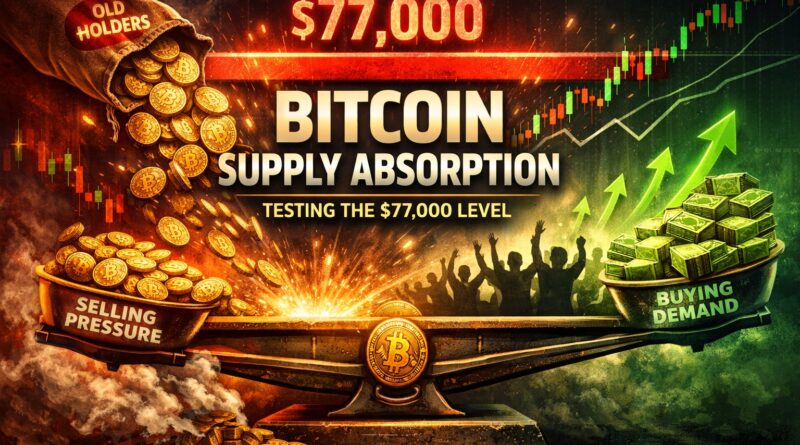Bitcoin Supply Absorption shows buyers and sellers facing off at the $77,000 resistance level, with old holders distributing coins and new demand absorbing supply in a balanced market structure.
