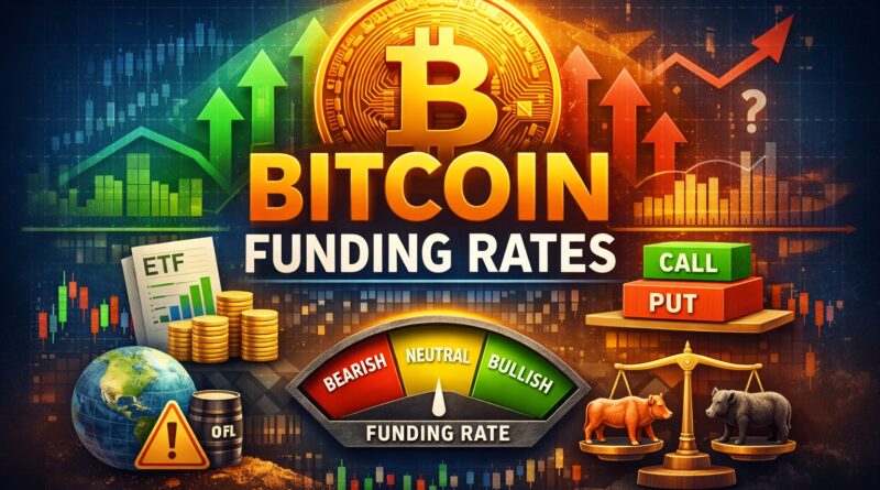 Bitcoin funding rates visual showing leverage returning cautiously, with traders balancing bullish exposure, ETF flows, and macro risk.