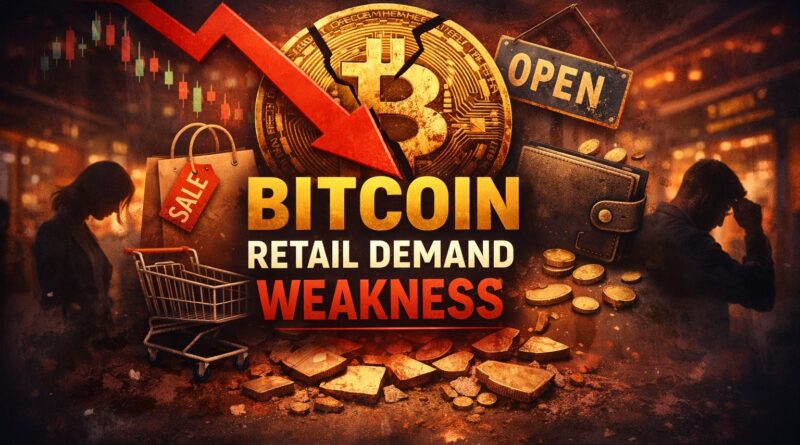 Bitcoin retail demand weakness illustration showing cracked Bitcoin coin, red downward arrow, and fading retail activity symbols like empty shopping cart and wallet, representing futures‑led pressure on BTC price.