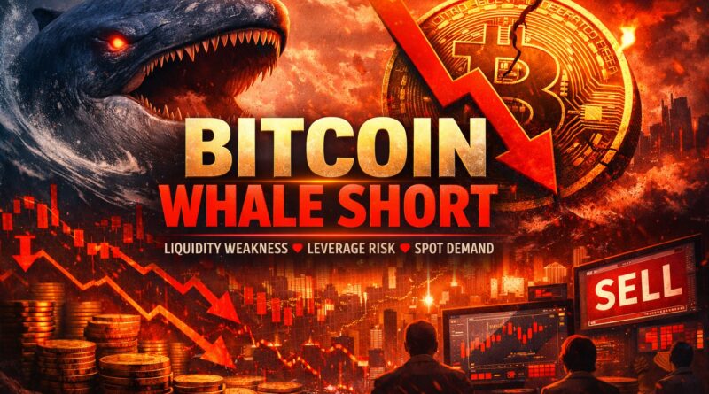 Bitcoin whale short visual showing a large whale looming over a cracked Bitcoin coin with red downward arrows, symbolizing caution, liquidity weakness, and leverage risk.