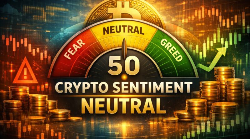 Crypto Fear and Greed Index showing neutral sentiment at 50 as Bitcoin holds near $80K, symbolizing balanced market psychology.