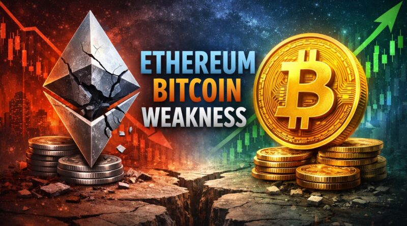 Ethereum Bitcoin weakness chart shows ETH losing ground against BTC, highlighting liquidity imbalance and investor preference for Bitcoin.
