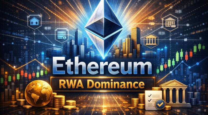 Ethereum RWA dominance visual showing a glowing Ethereum logo above a digital cityscape with tokenized asset icons, symbolizing institutional trust and blockchain infrastructure strength.