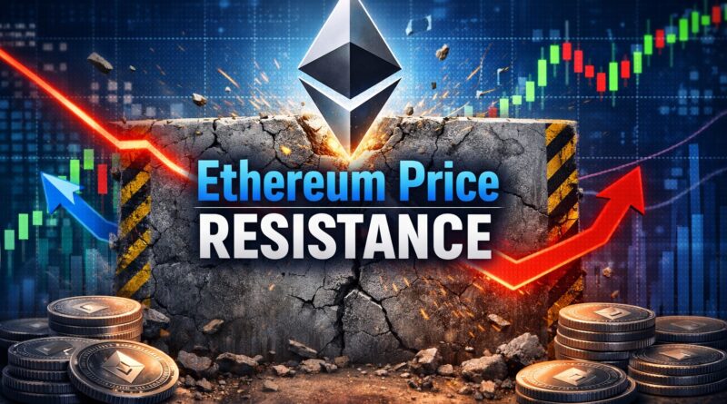 Ethereum price rallies fading near $2,400 resistance as network demand weakens, showing Ethereum logo and cracked barrier with trading chart elements.