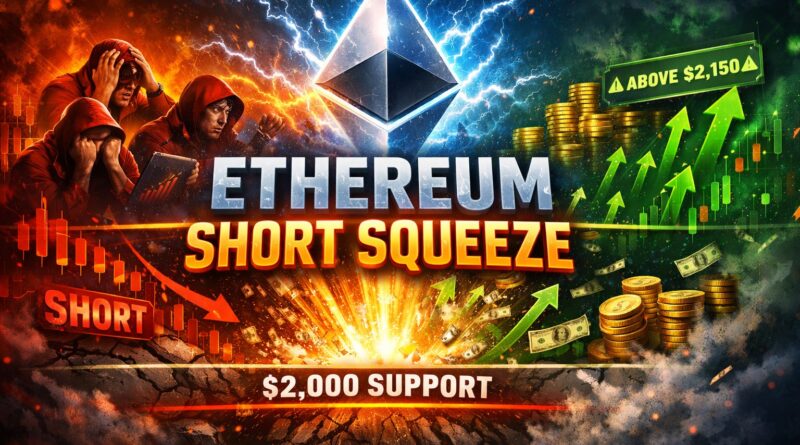 Ethereum short squeeze shows bearish traders near the $2,000 support zone as leverage builds, with the glowing Ethereum logo and upward arrows symbolizing potential forced covering above $2,150.