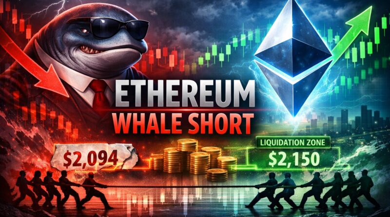 Ethereum whale short shows a bearish whale in a suit facing the glowing Ethereum logo, symbolizing leveraged downside pressure versus fragile market confidence near the $2,094-$2,150 zone.